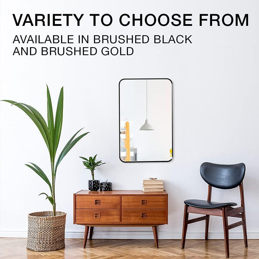 Mirror Craft Rectangle Matte Black Metallic Framed with Curve Edges Mirror for Bathroom and Living Room