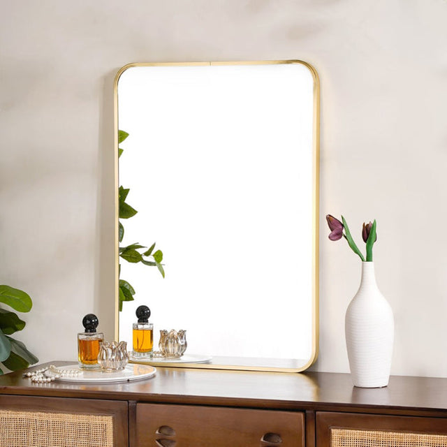 Mirror Craft Rectangle Golden Metallic Framed with Curve Edges Mirror for Bathroom and Living Room