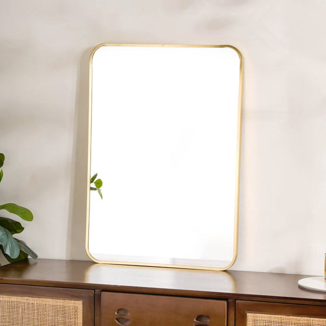 Mirror Craft Rectangle Golden Metallic Framed with Curve Edges Mirror for Bathroom and Living Room