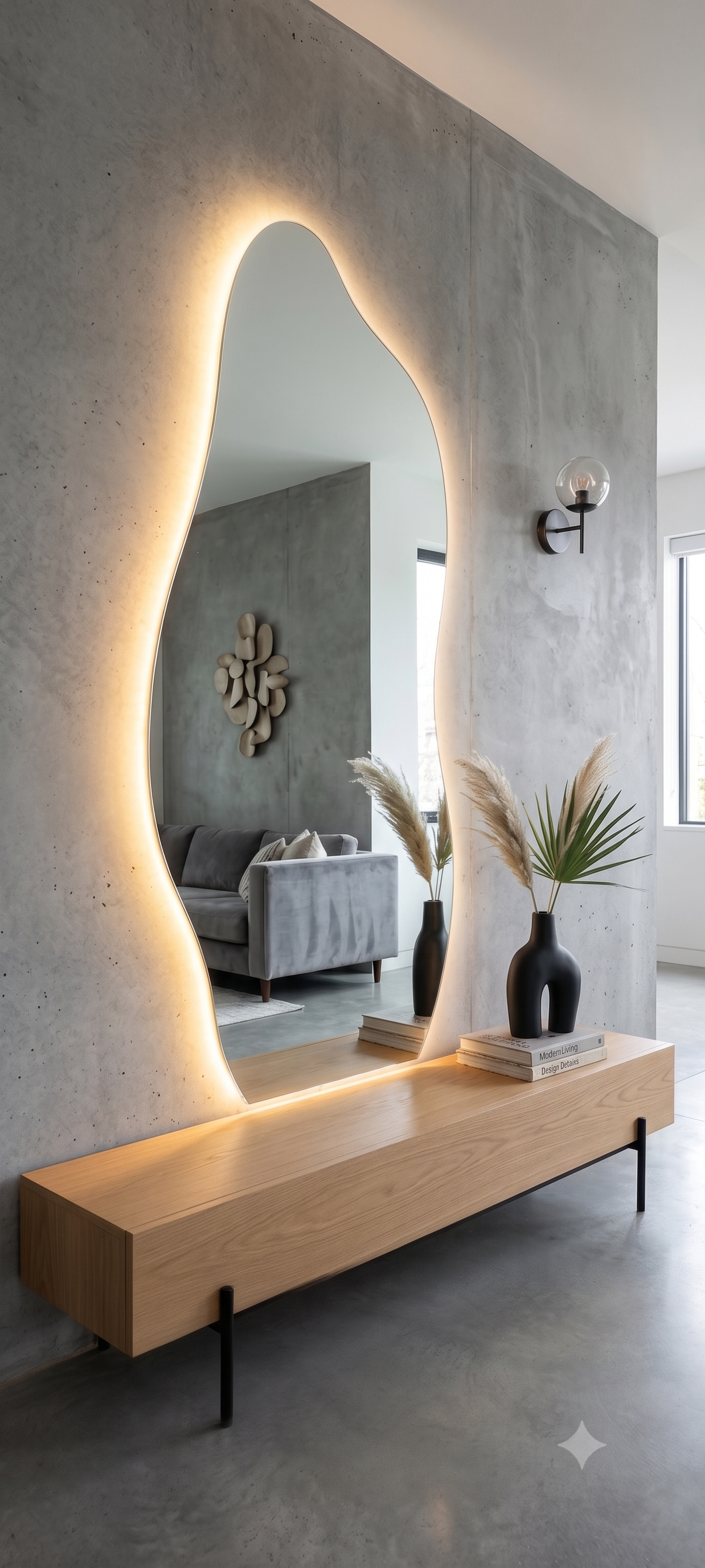 "Organic pebble shaped frameless full length mirror with warm LED backlighting by Mirror Craft Jaipur"
